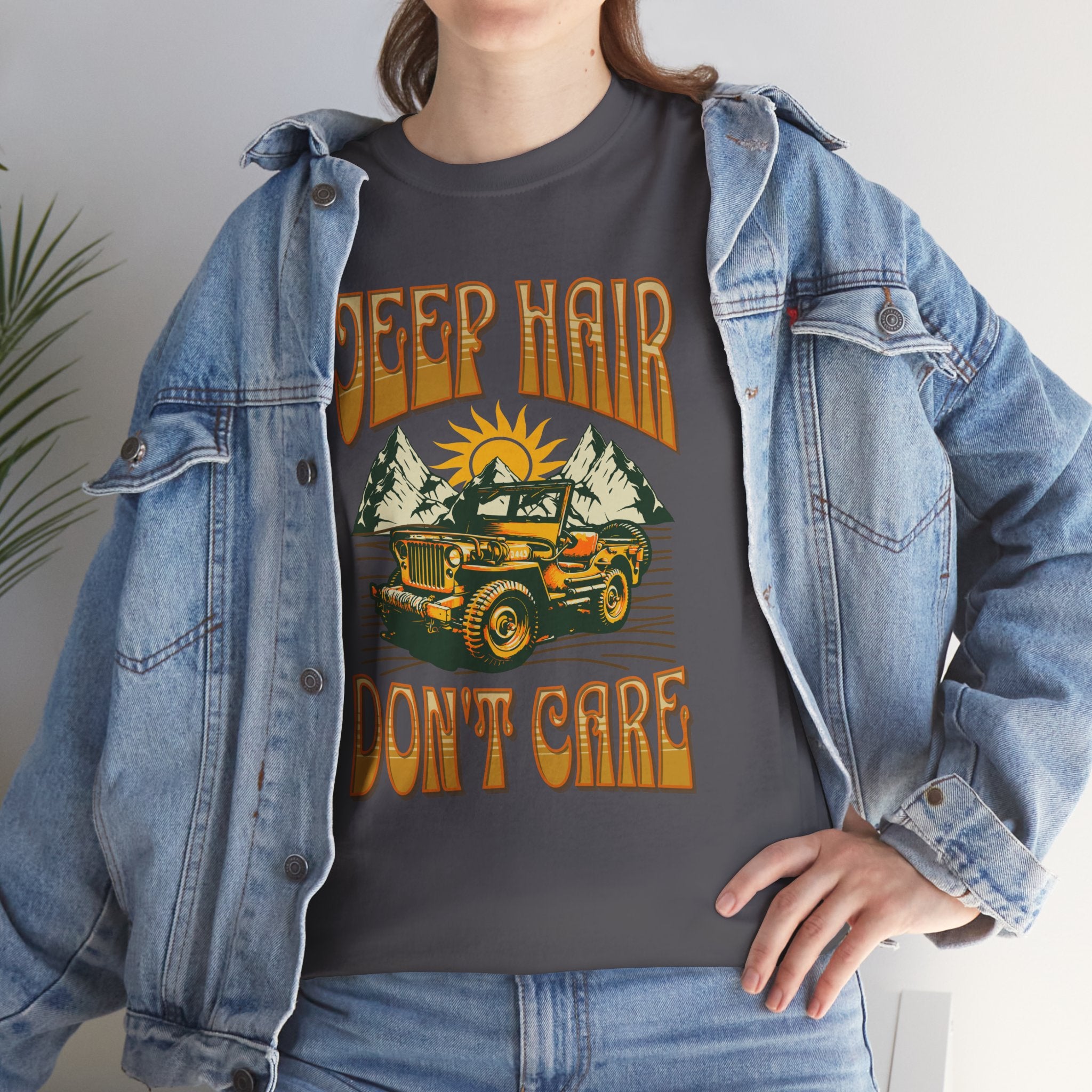Jeep Hair Don't Care T-Shirt - Vintage Willys Retro 70s Adventure Girl Mountain Tee