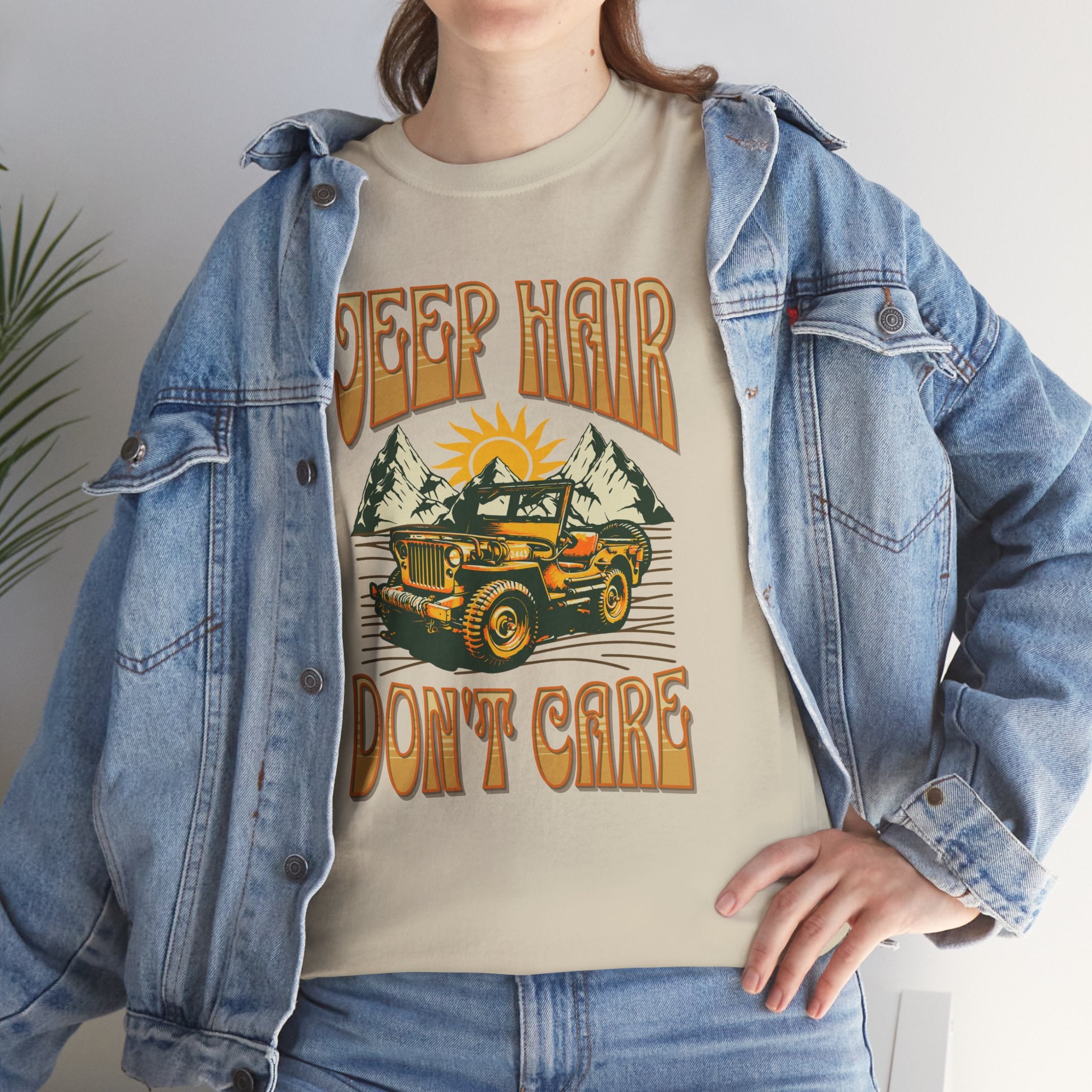 Jeep Hair Don't Care T-Shirt - Vintage Willys Retro 70s Adventure Girl Mountain Tee