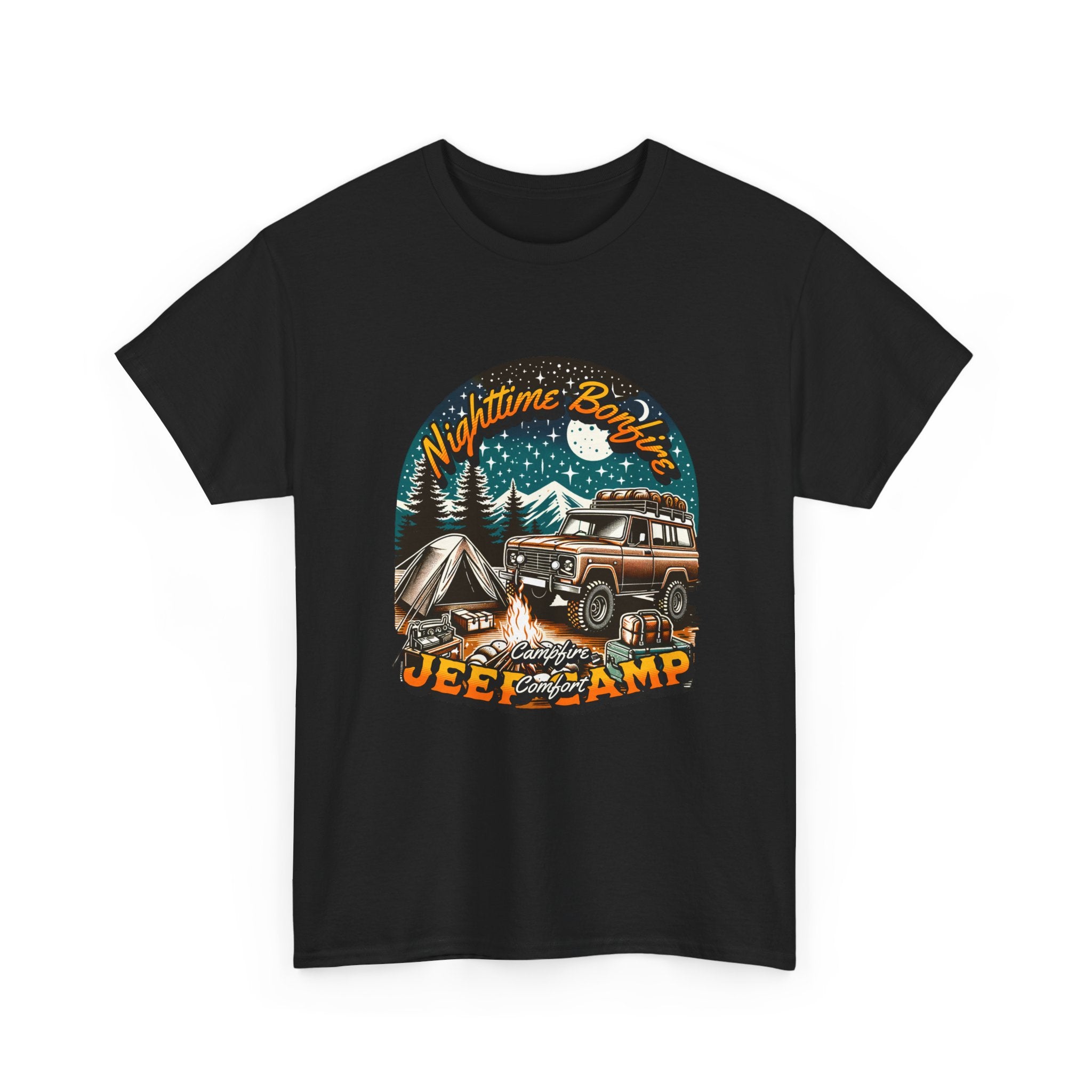 Nighttime Bonfire Jeep Camp T-Shirt - Campfire Comfort Starry Night Camping Adventure Tee