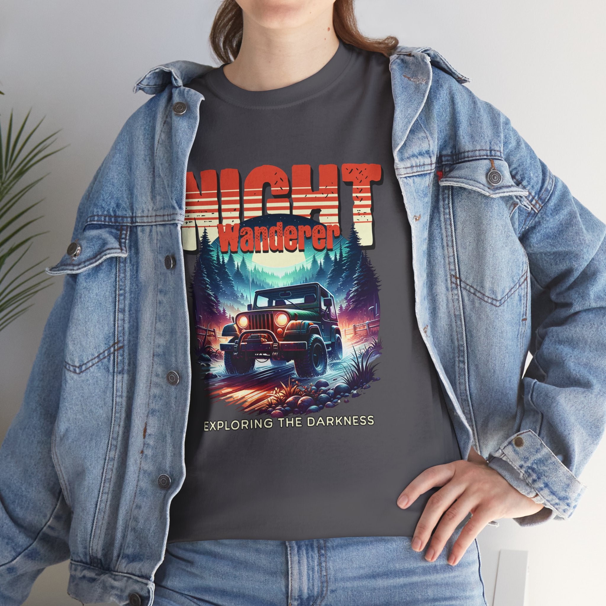 Night Wanderer Jeep T-Shirt - Exploring The Darkness Forest Adventure Headlight Tee