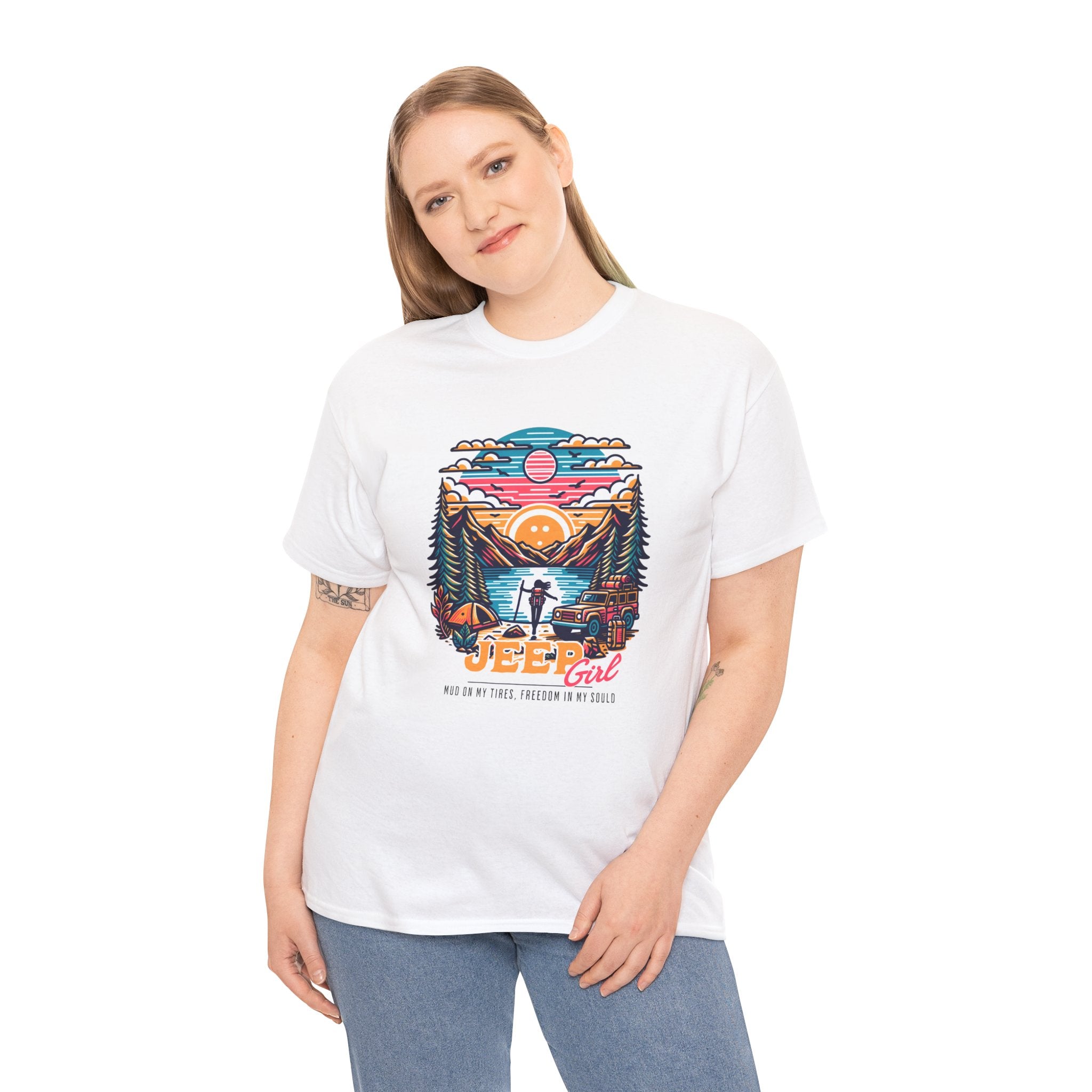 Jeep Girl T-Shirt - Mud On My Tires Freedom In My Soul Adventure Lake Sunset Tee