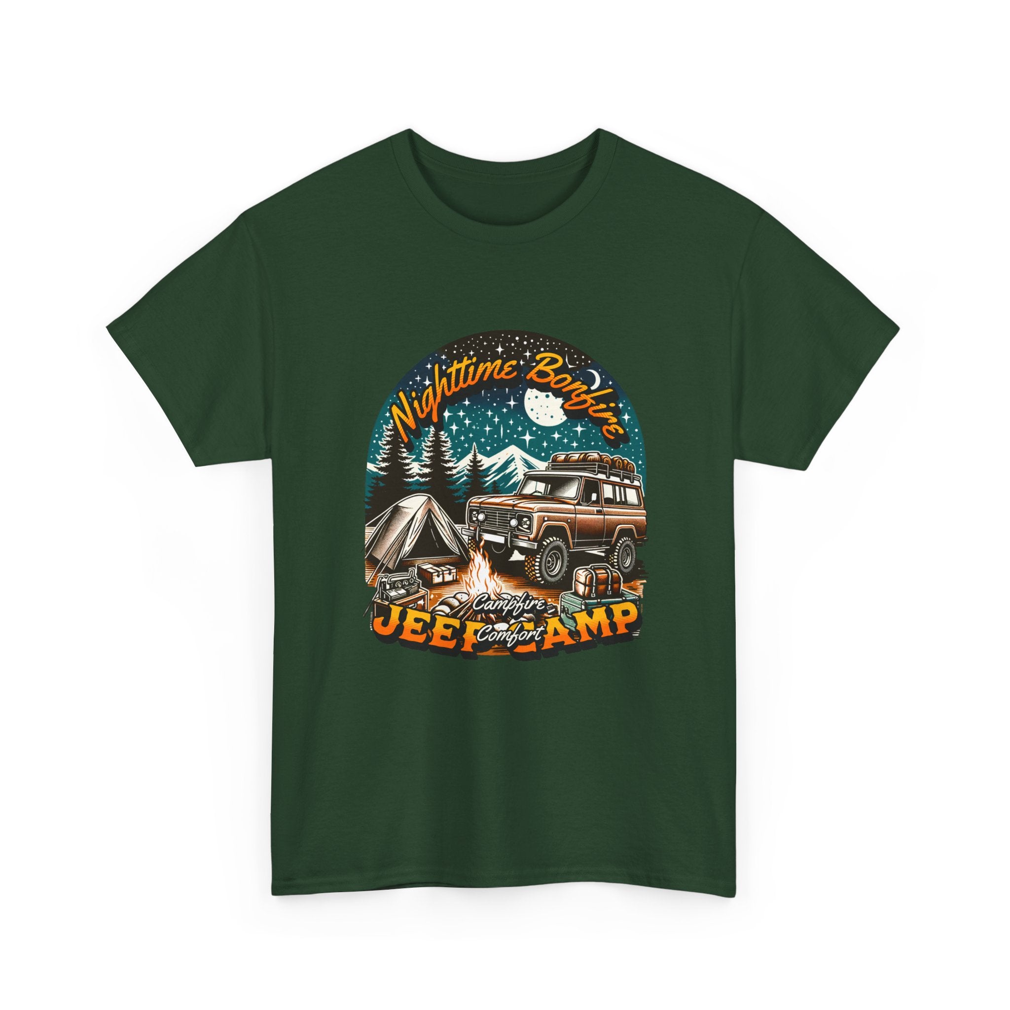 Nighttime Bonfire Jeep Camp T-Shirt - Campfire Comfort Starry Night Camping Adventure Tee