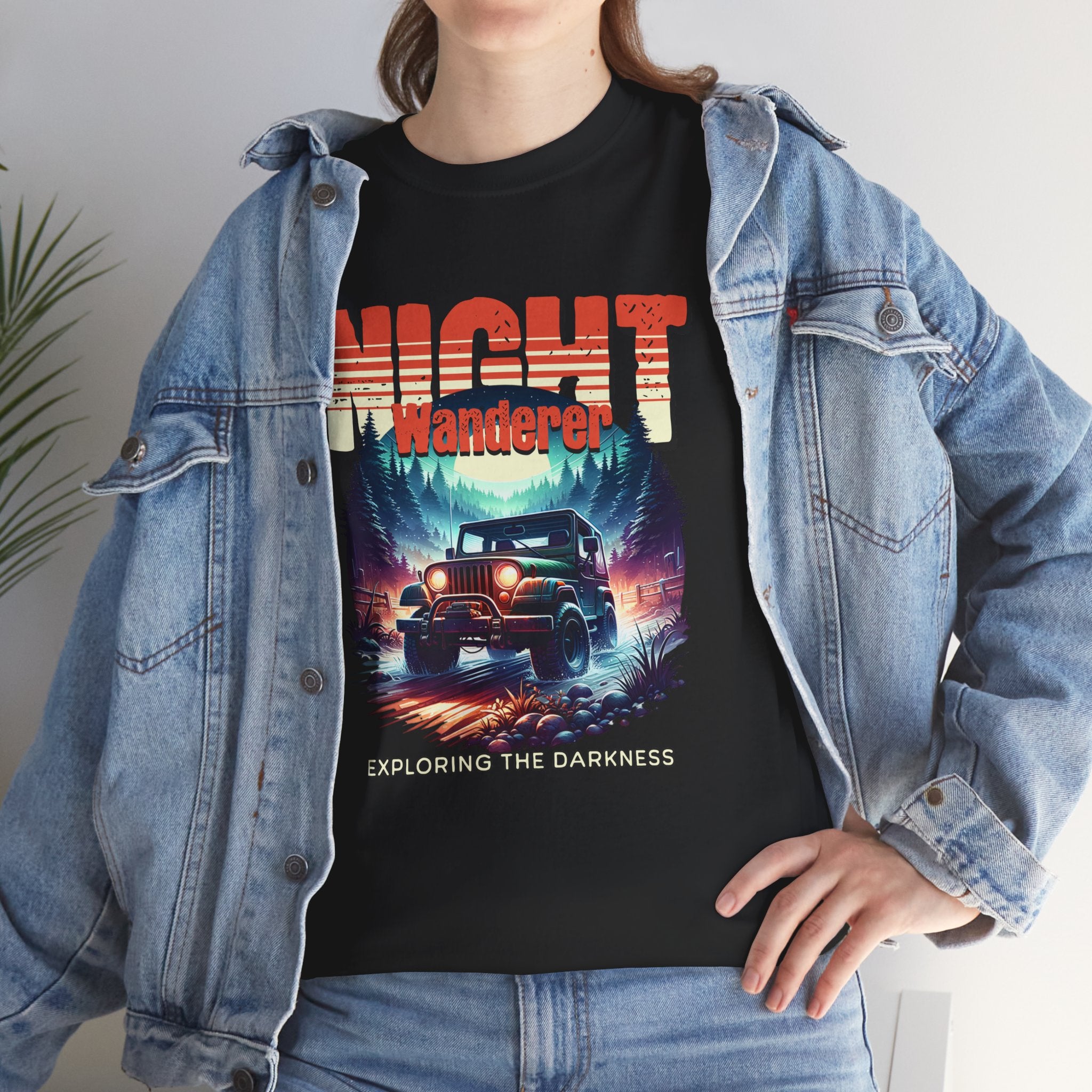 Night Wanderer Jeep T-Shirt - Exploring The Darkness Forest Adventure Headlight Tee