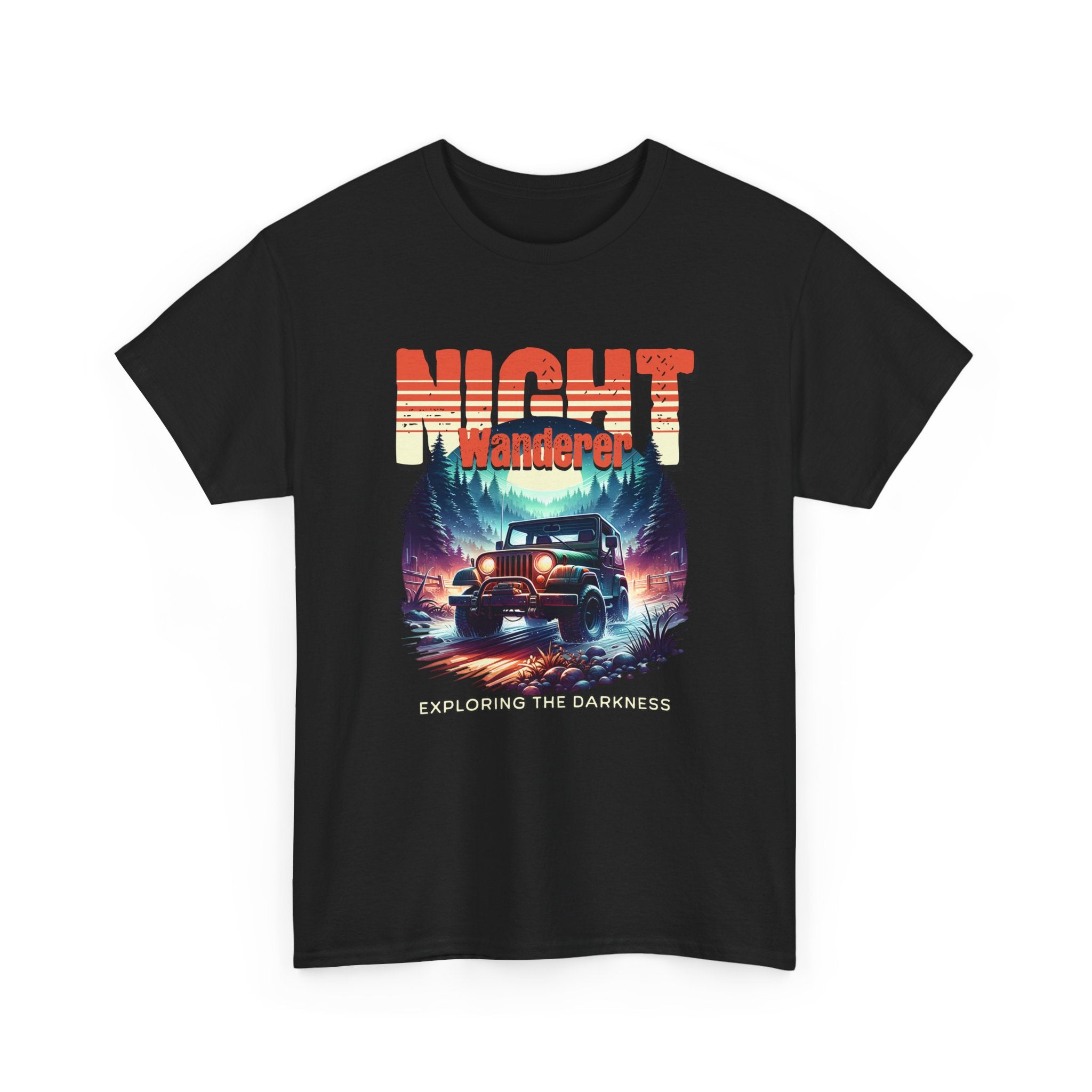 Night Wanderer Jeep T-Shirt - Exploring The Darkness Forest Adventure Headlight Tee