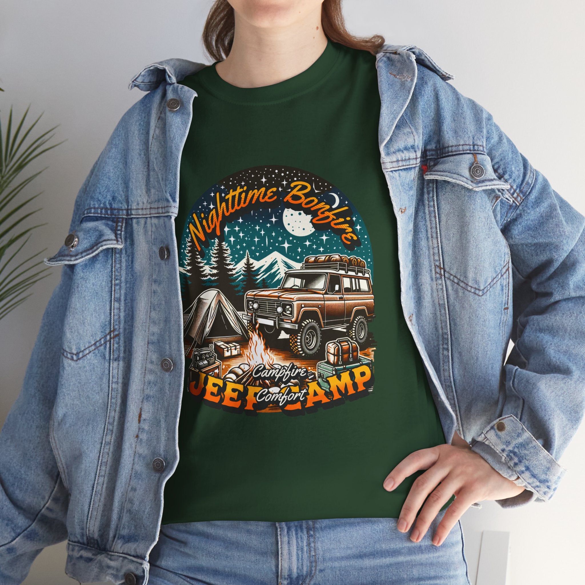 Nighttime Bonfire Jeep Camp T-Shirt - Campfire Comfort Starry Night Camping Adventure Tee