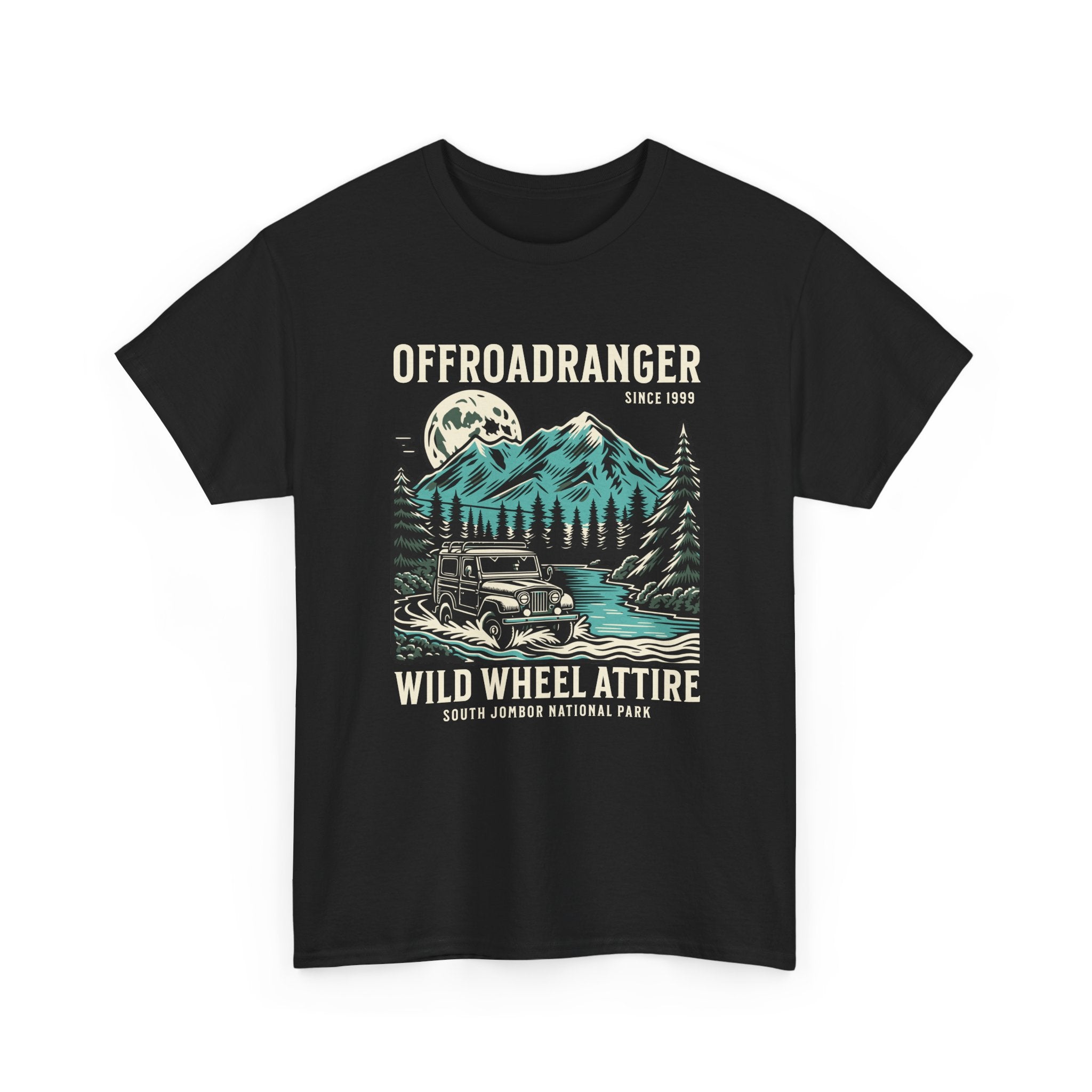 Offroadranger Wild Wheel Attire Jeep T-Shirt - National Park Vintage Mountain River Crossing Tee