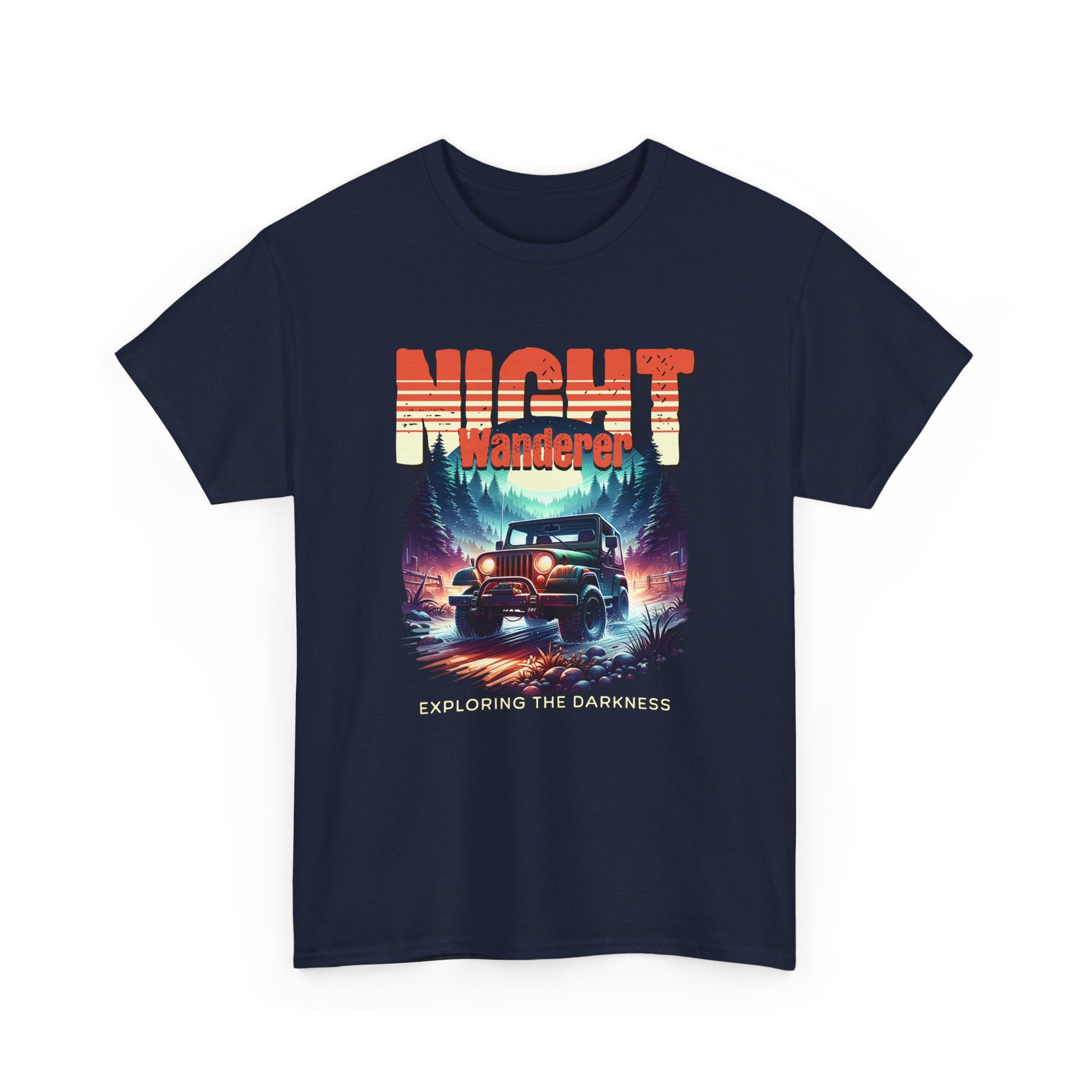 Night Wanderer Jeep T-Shirt - Exploring The Darkness Forest Adventure Headlight Tee