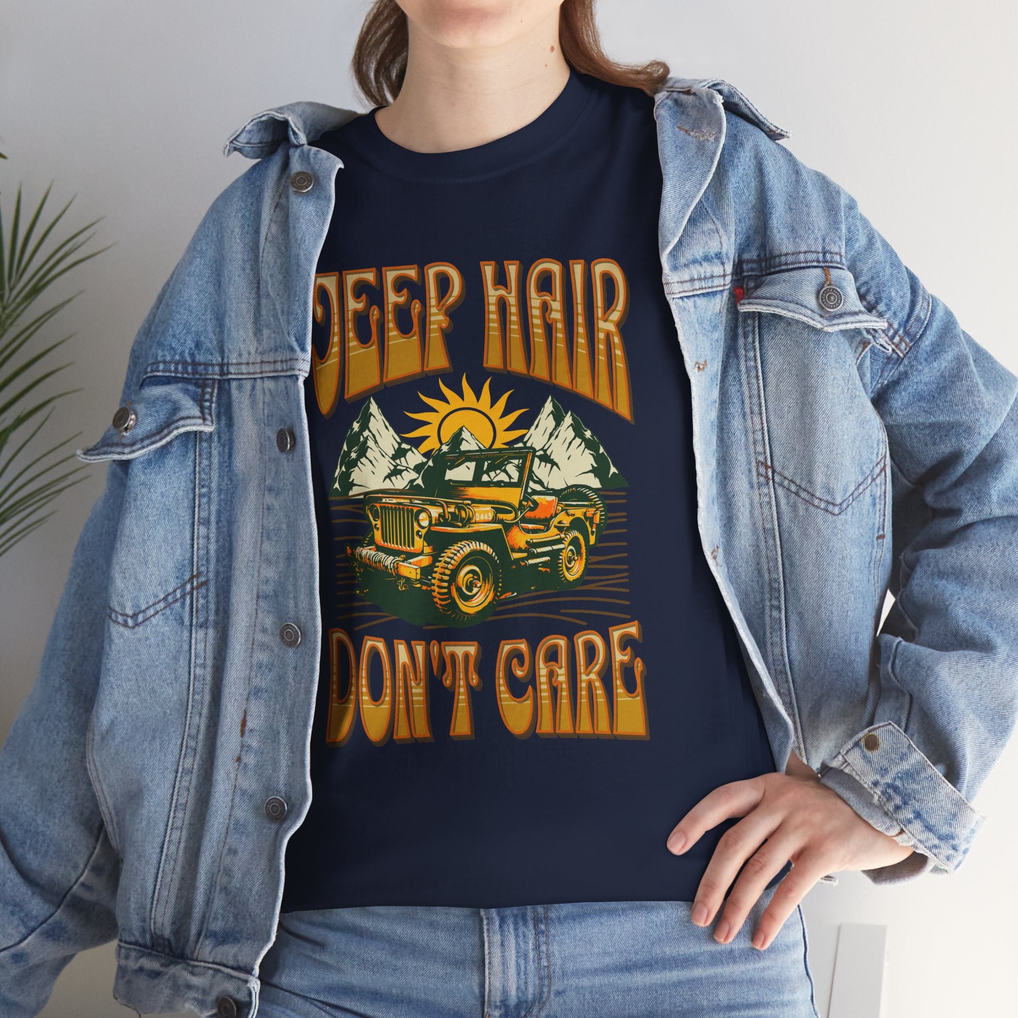Jeep Hair Don't Care T-Shirt - Vintage Willys Retro 70s Adventure Girl Mountain Tee