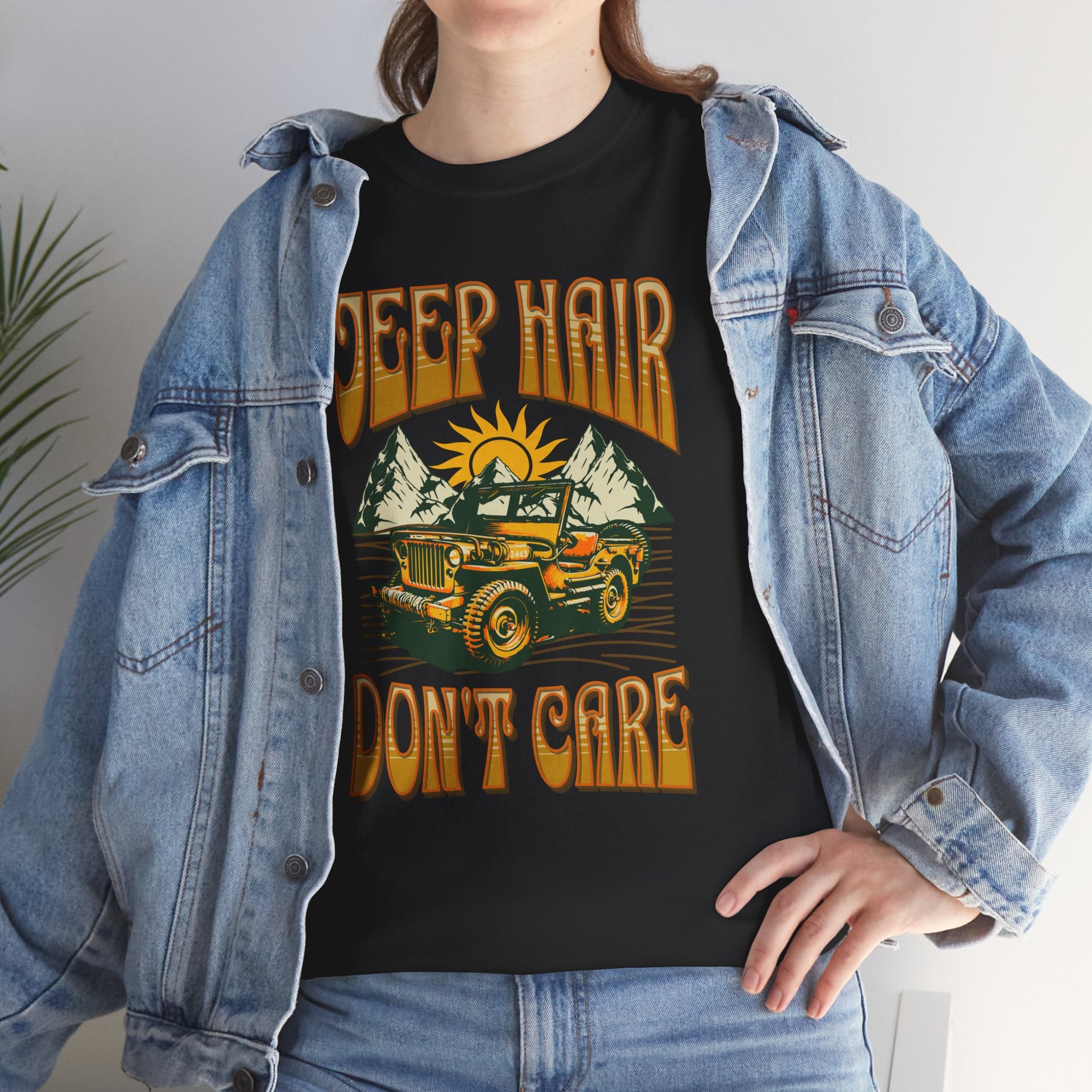 Jeep Hair Don't Care T-Shirt - Vintage Willys Retro 70s Adventure Girl Mountain Tee