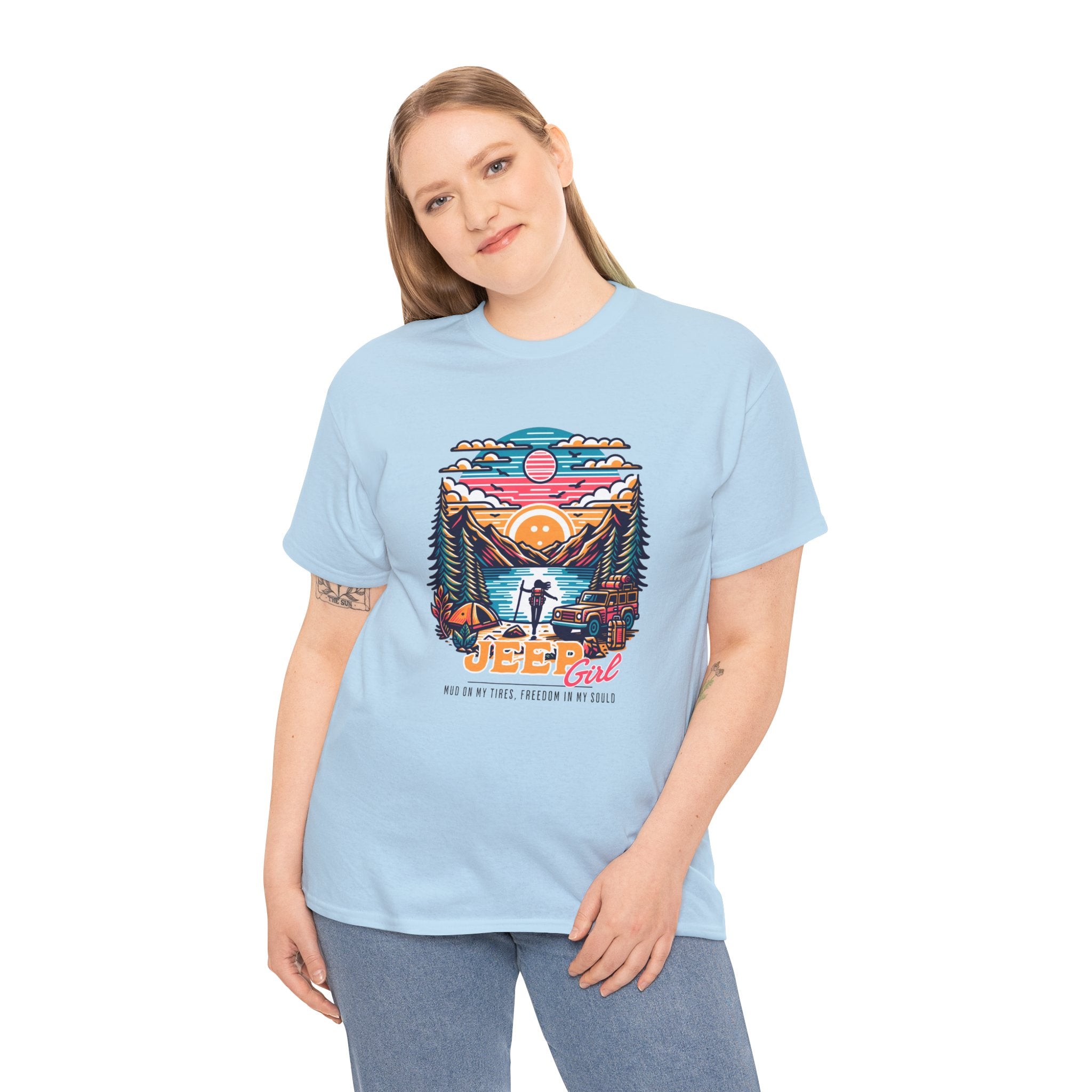 Jeep Girl T-Shirt - Mud On My Tires Freedom In My Soul Adventure Lake Sunset Tee