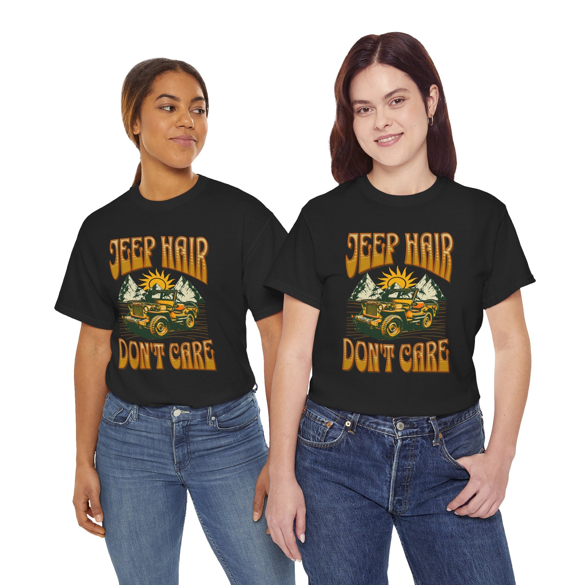 Jeep Hair Don't Care T-Shirt - Vintage Willys Retro 70s Adventure Girl Mountain Tee