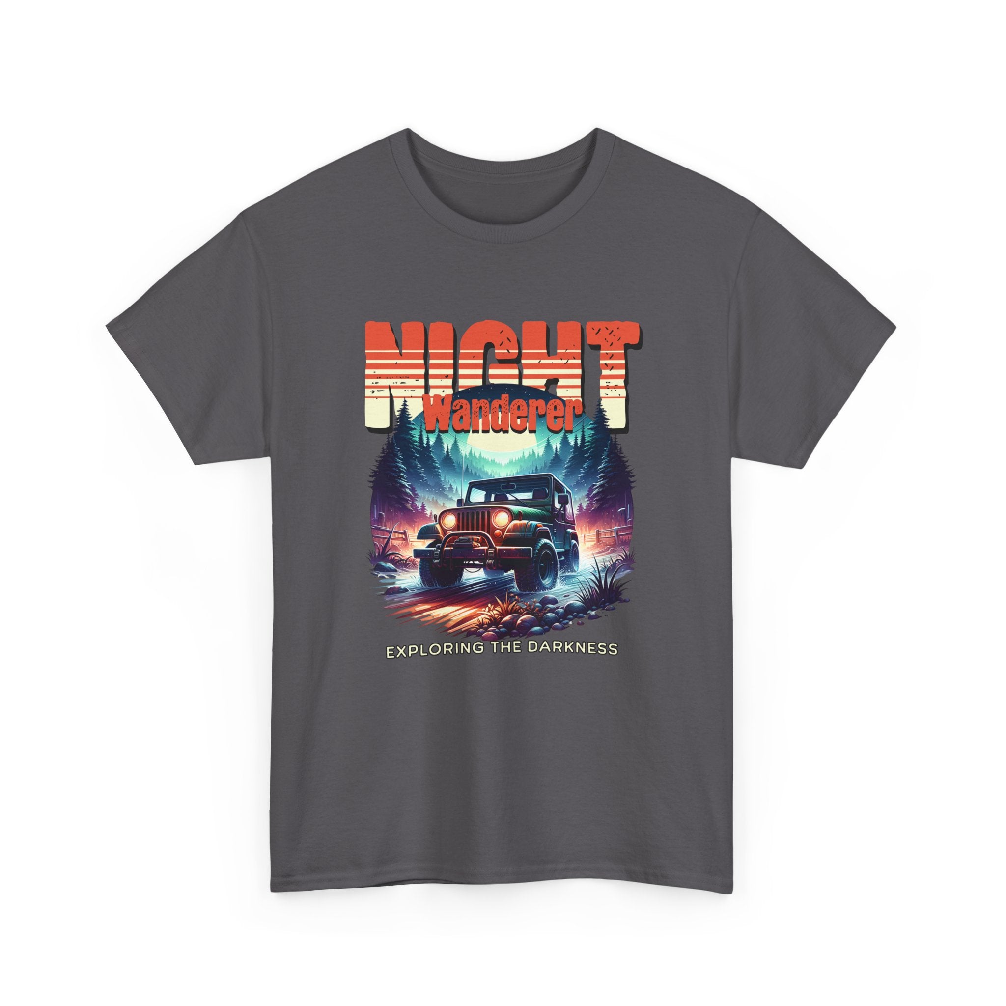 Night Wanderer Jeep T-Shirt - Exploring The Darkness Forest Adventure Headlight Tee