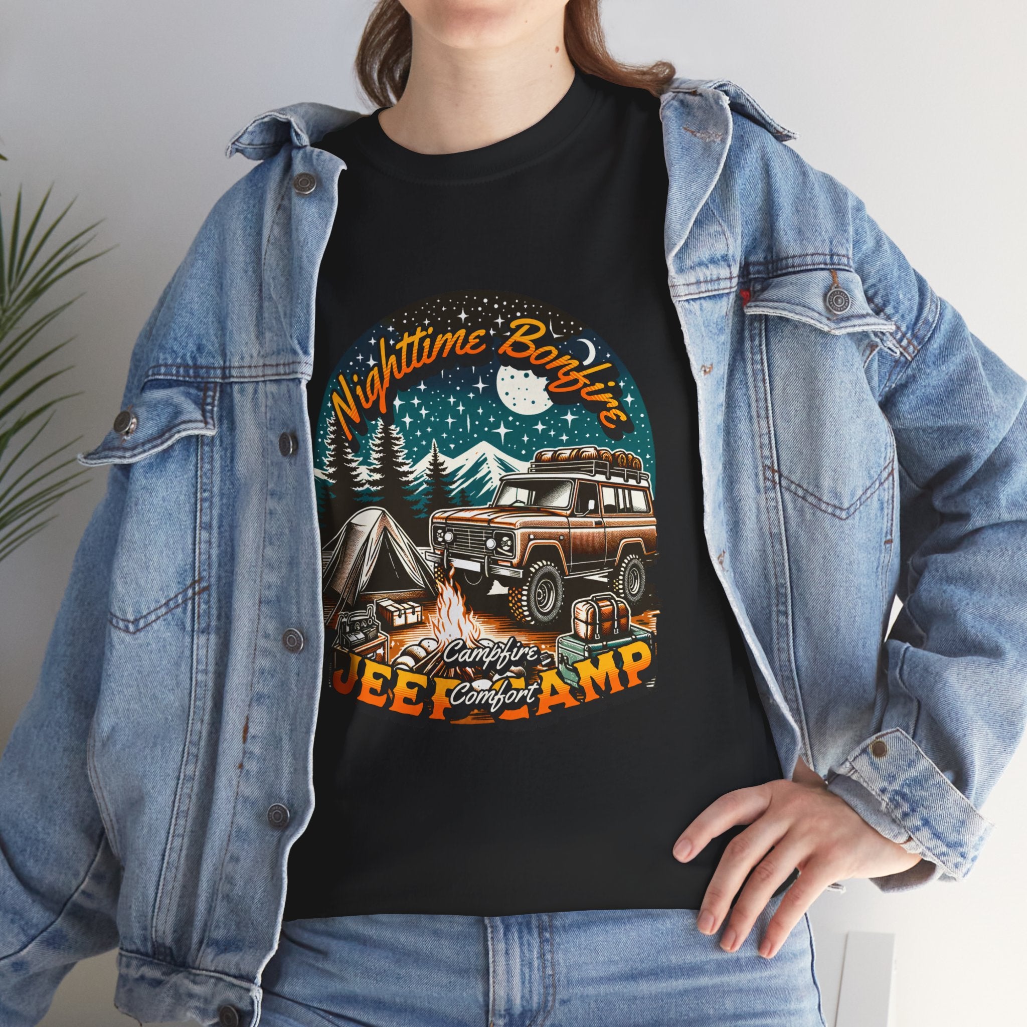 Nighttime Bonfire Jeep Camp T-Shirt - Campfire Comfort Starry Night Camping Adventure Tee