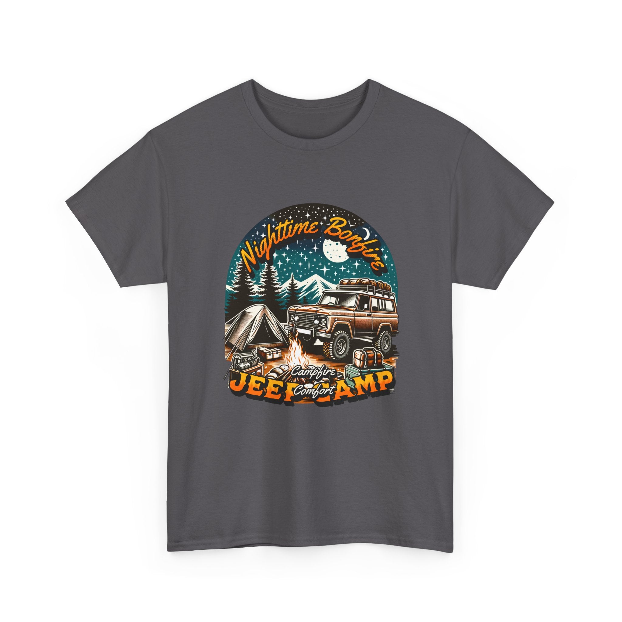 Nighttime Bonfire Jeep Camp T-Shirt - Campfire Comfort Starry Night Camping Adventure Tee